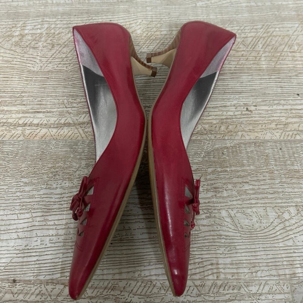 Vintage Y2K Marc Fisher Red Leather Bow Pointed Toe Cutout Kitten Heel Pumps 6 - Picture 10 of 16